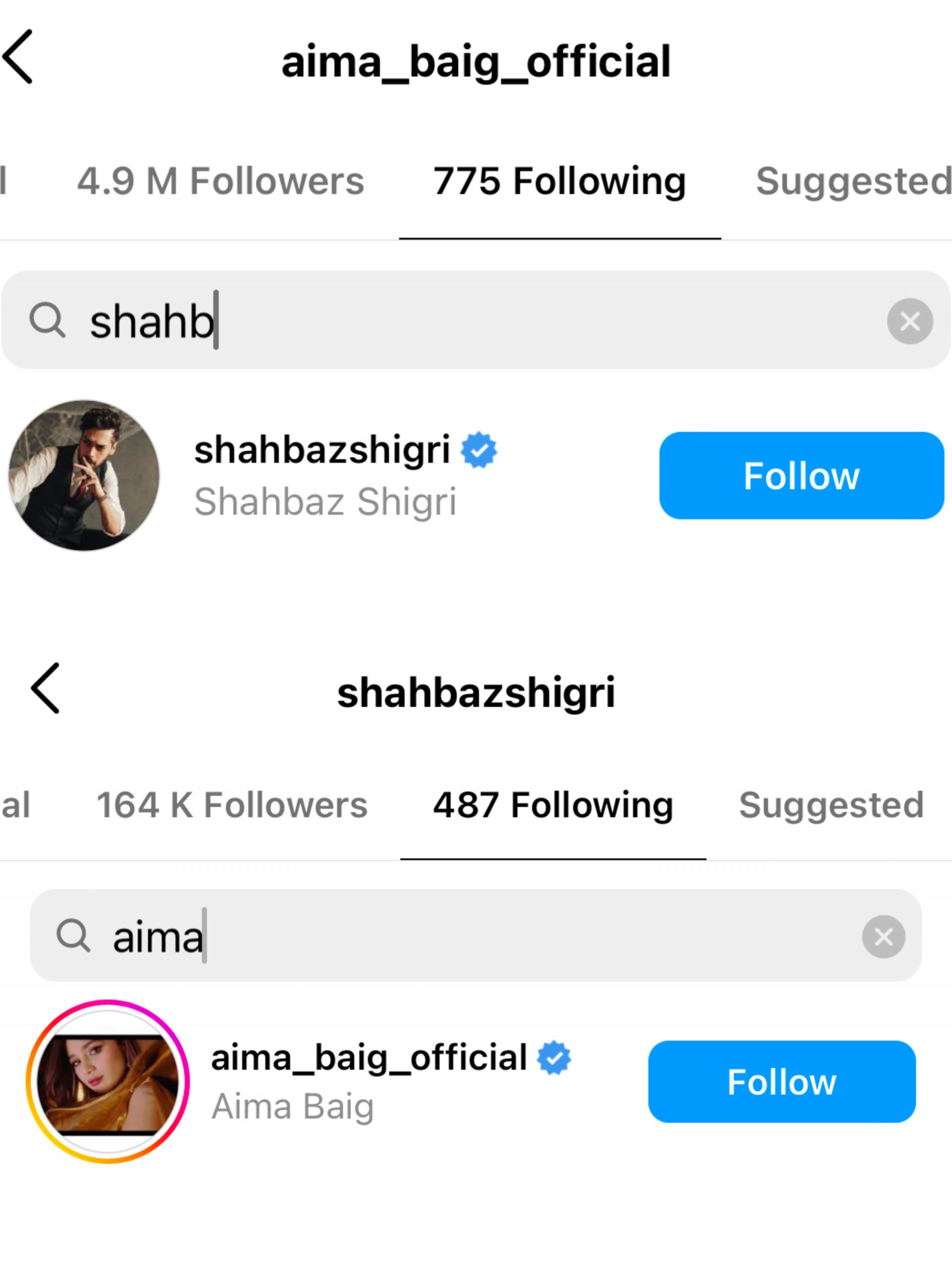 Screenshot showing Aima Baig and Shahbaz Shigri following each other on Instagram. 