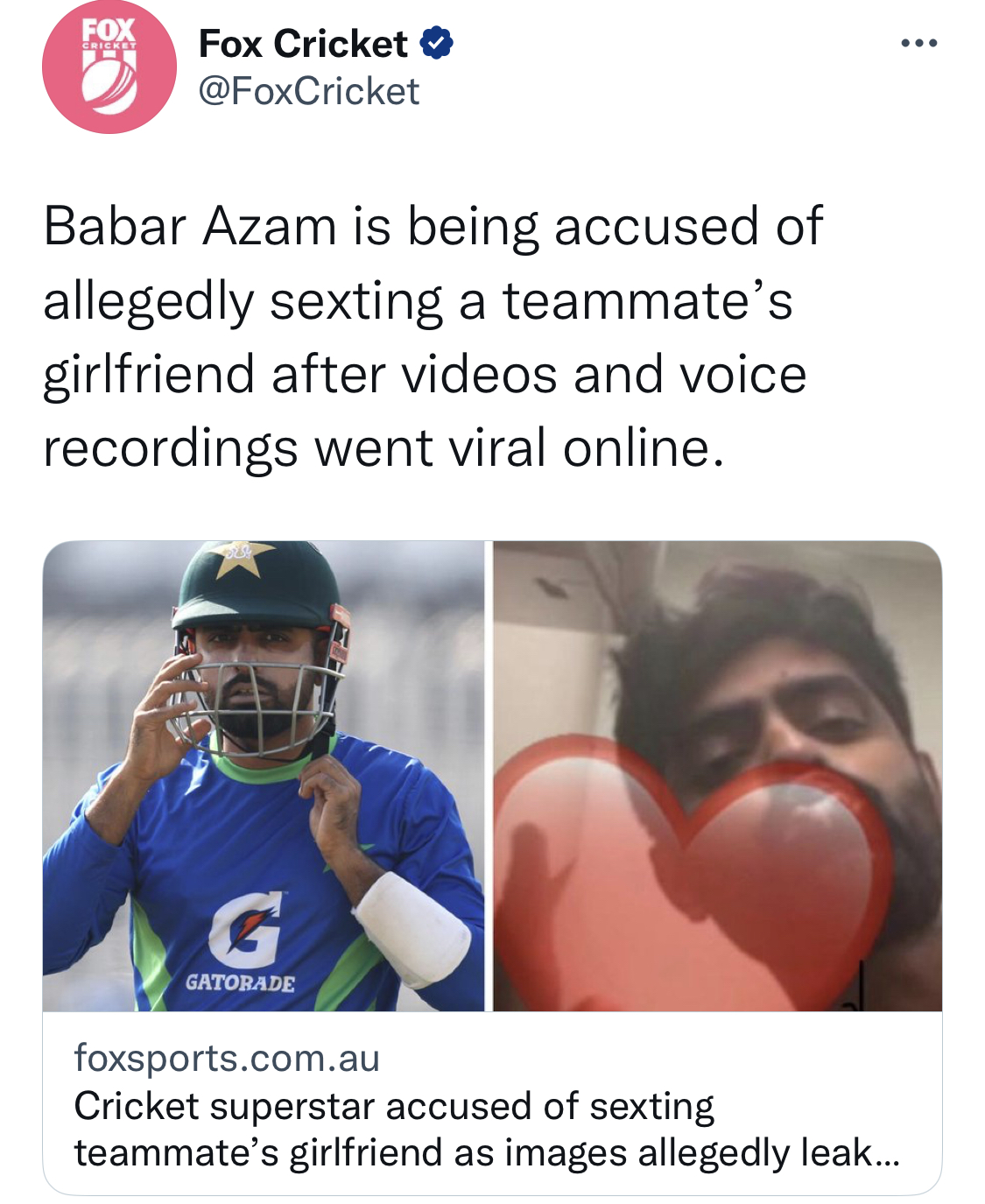Screenshot of Fox Cricket's news story about Babar Azam