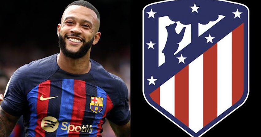 Memphis Depay and Atletico Madrid's logo