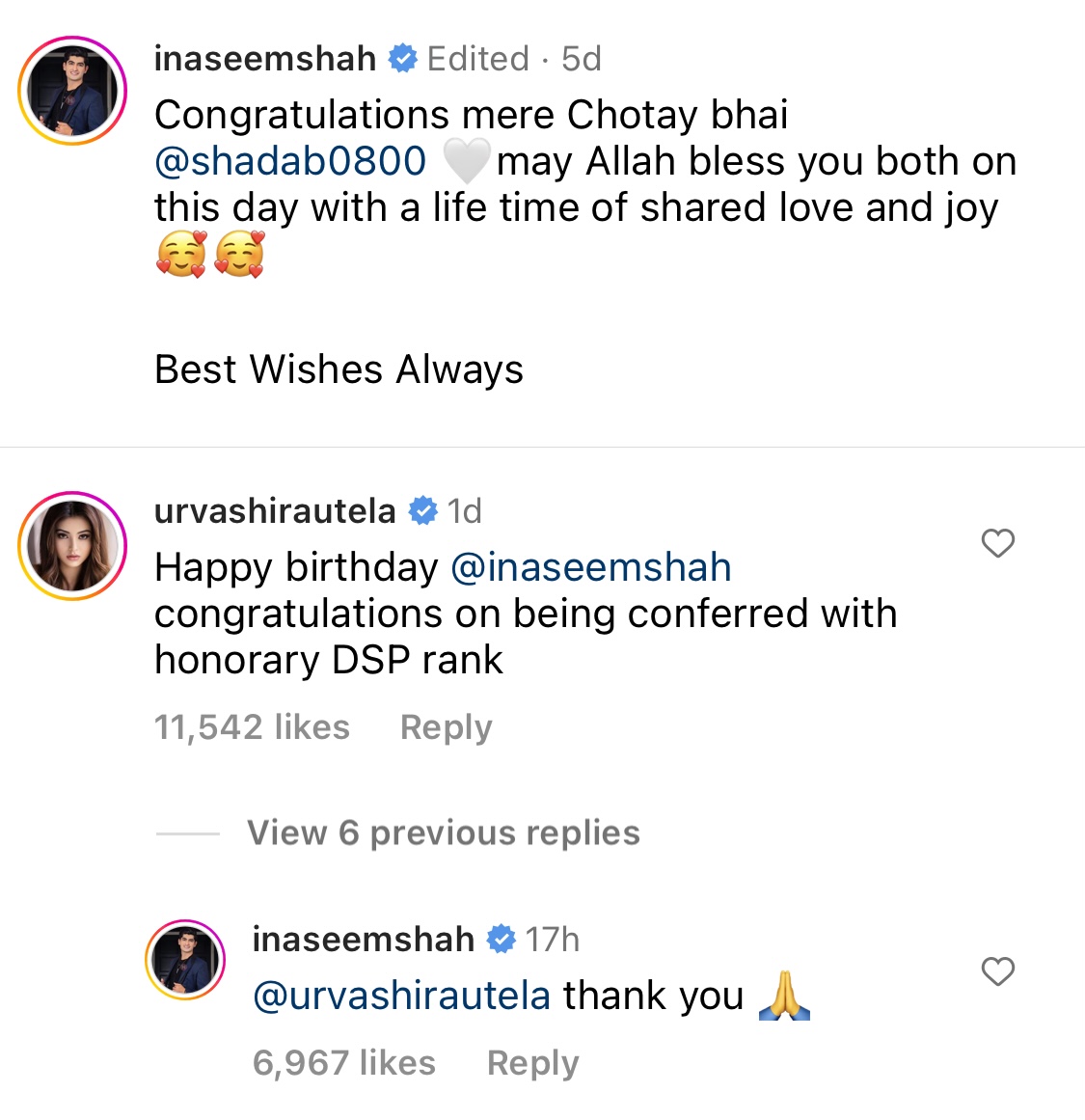 Urvashi Rautela's comment on Naseem Shah's Instagram 