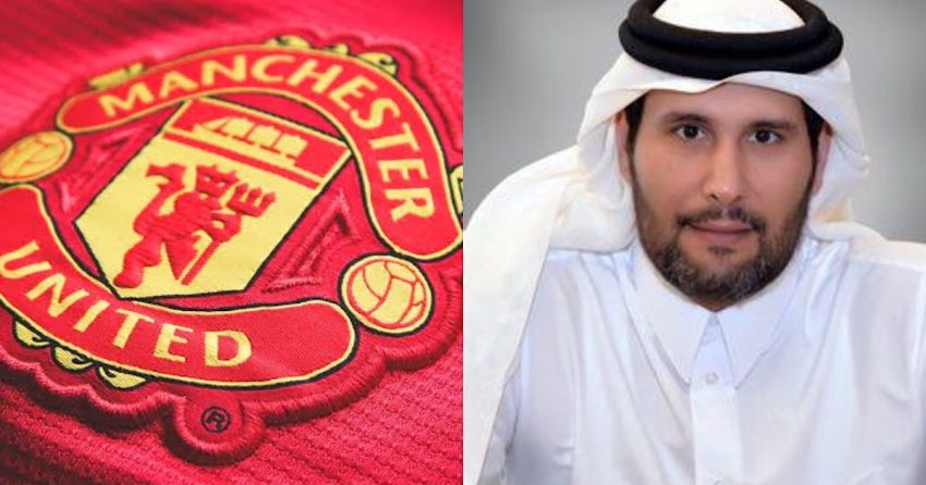 A picture of Manchester United logo and Sheikh Jassim