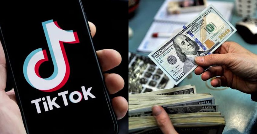 Tiktok logo on a phone and dollars to show that you can earn money from tiktok watching job 2.0