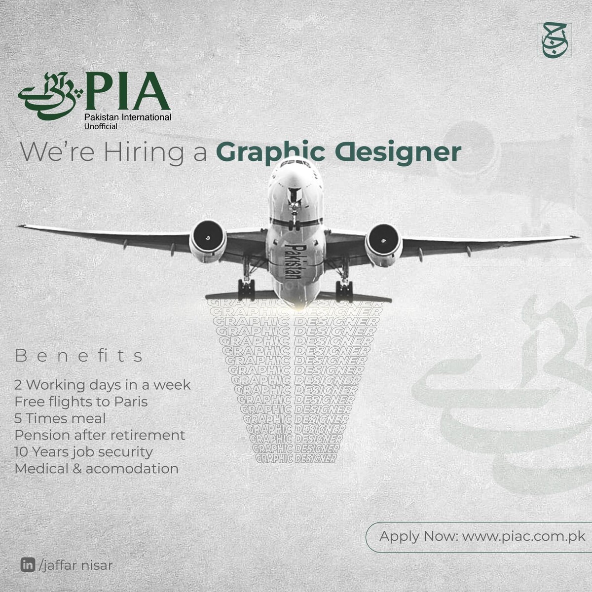 A fake advertisement for PIA graphic designer job